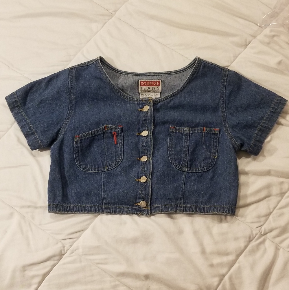 SQUEEZE JEANS VINTAGE DENIM BUTTON UP CROP TOP